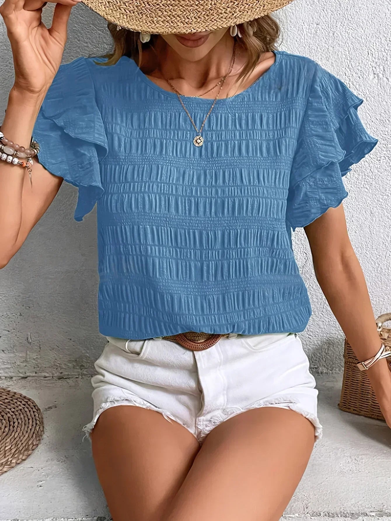 Women's Ruffle Sleeve Pleated Blouse Slim Fit Lightweight Summer Casual Top™ – Feminine Eleganz für Jeden Tag