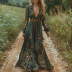 Besticktes Boho Maxikleid mit Langen Ärmeln und Bindegürtel für Damen™ – Kunstvolle Eleganz trifft entspannten Komfort