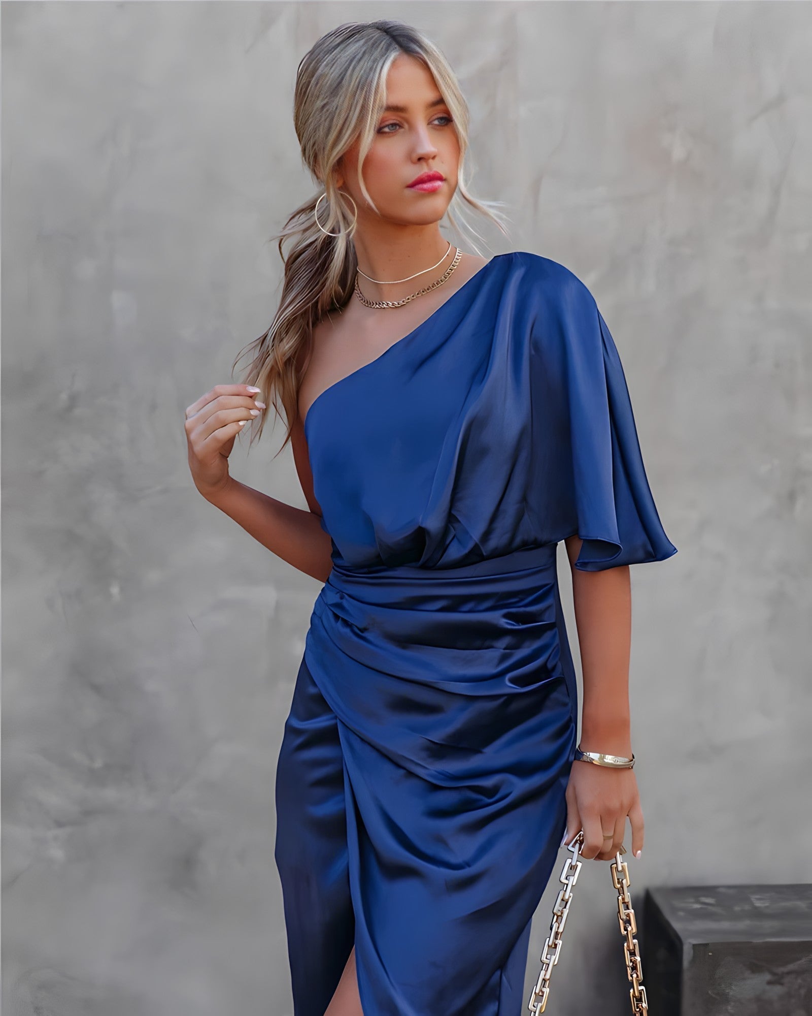 Women's One Shoulder Satin Wrap Elegant Midi Party Dress™ – Zeitlose Eleganz für besondere Anlässe