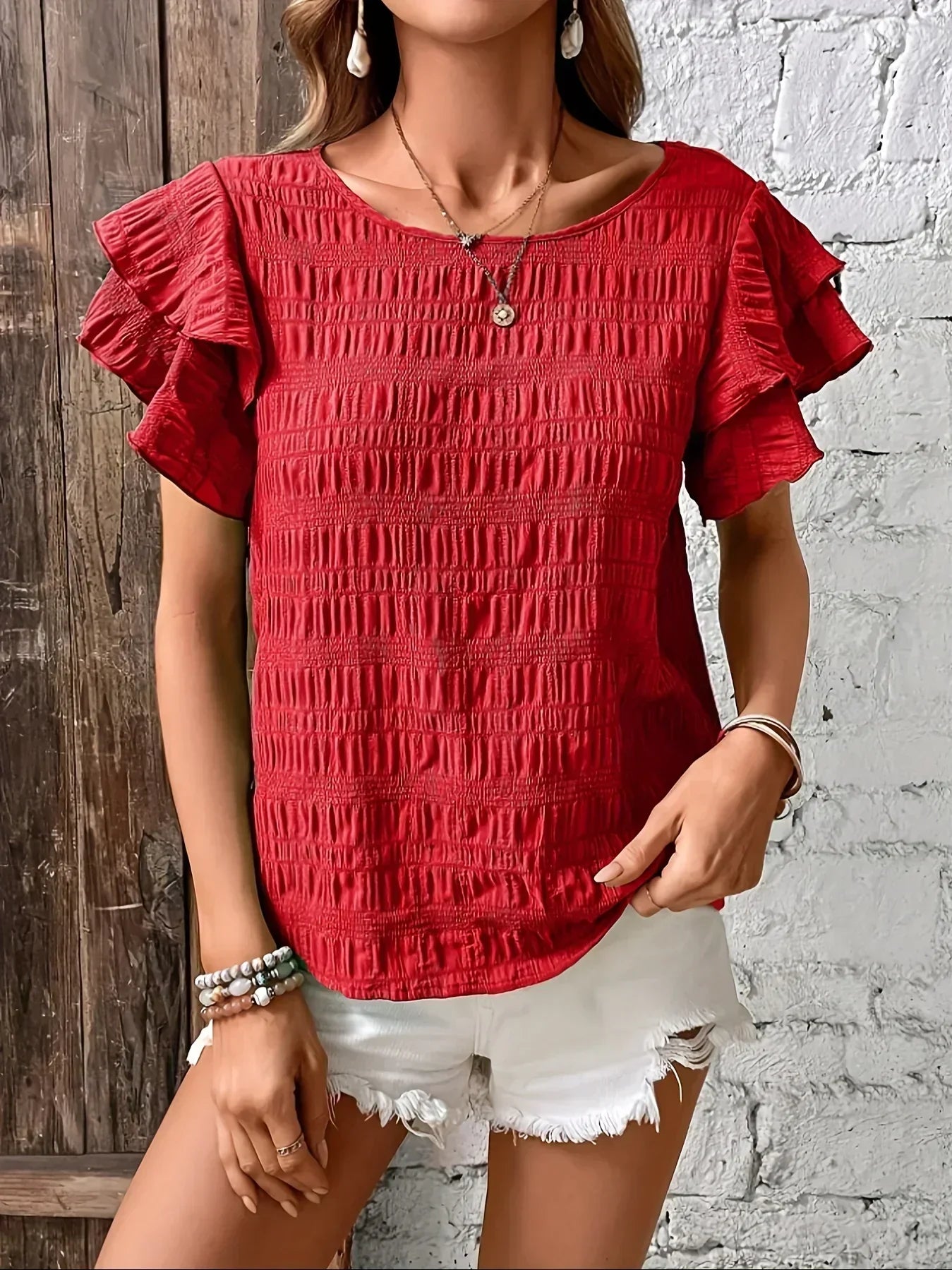 Women's Ruffle Sleeve Pleated Blouse Slim Fit Lightweight Summer Casual Top™ – Feminine Eleganz für Jeden Tag