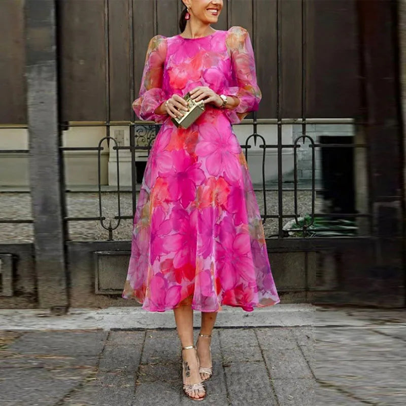 Women's Floral Sheer Sleeve Elegant Wedding Guest Midi Dress™ – Zeitlose Eleganz für besondere Anlässe