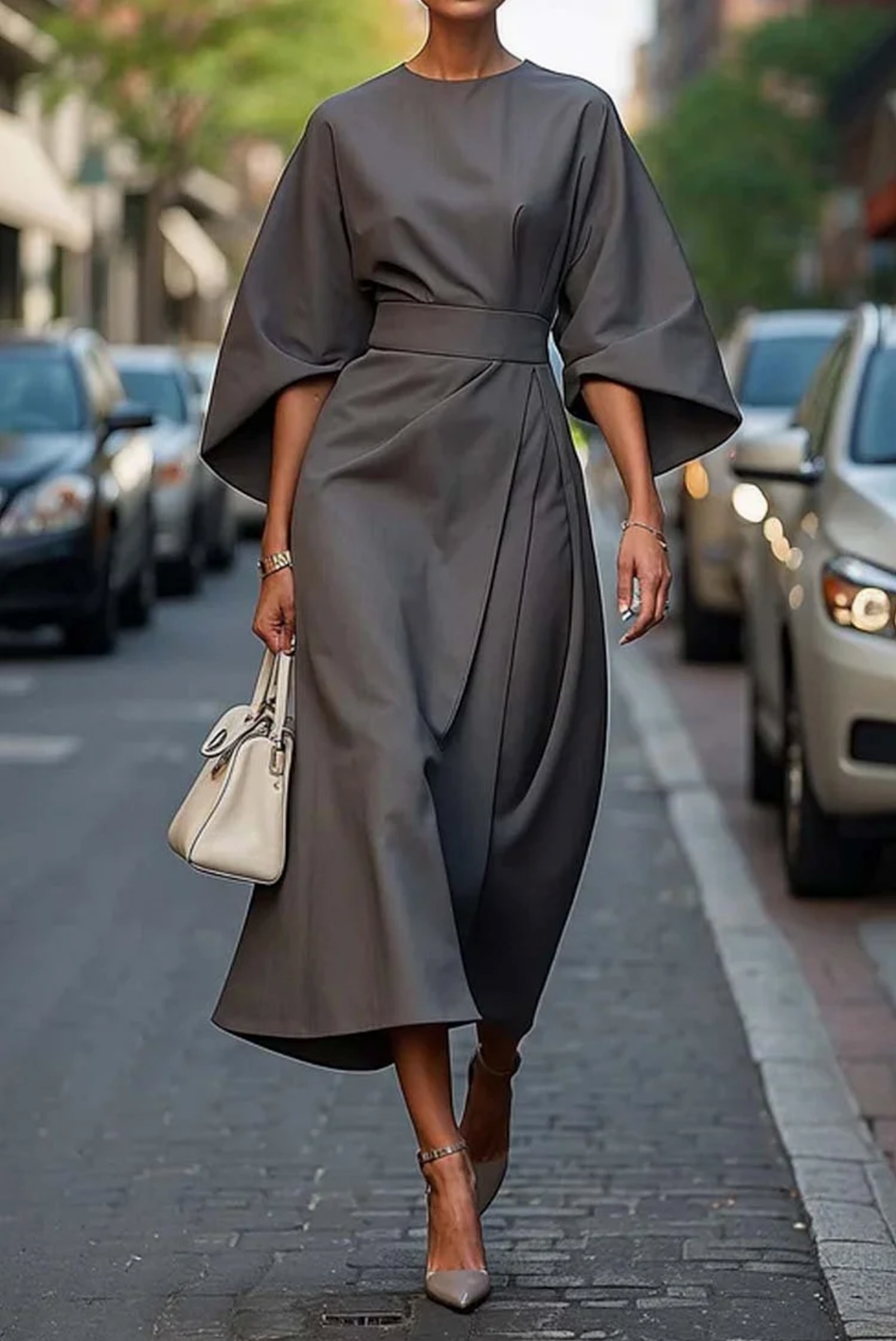 Women's Lantern Sleeve Belted Elegant Flowing Midi Dress™ – Zeitlose Eleganz mit schmeichelnder Silhouette