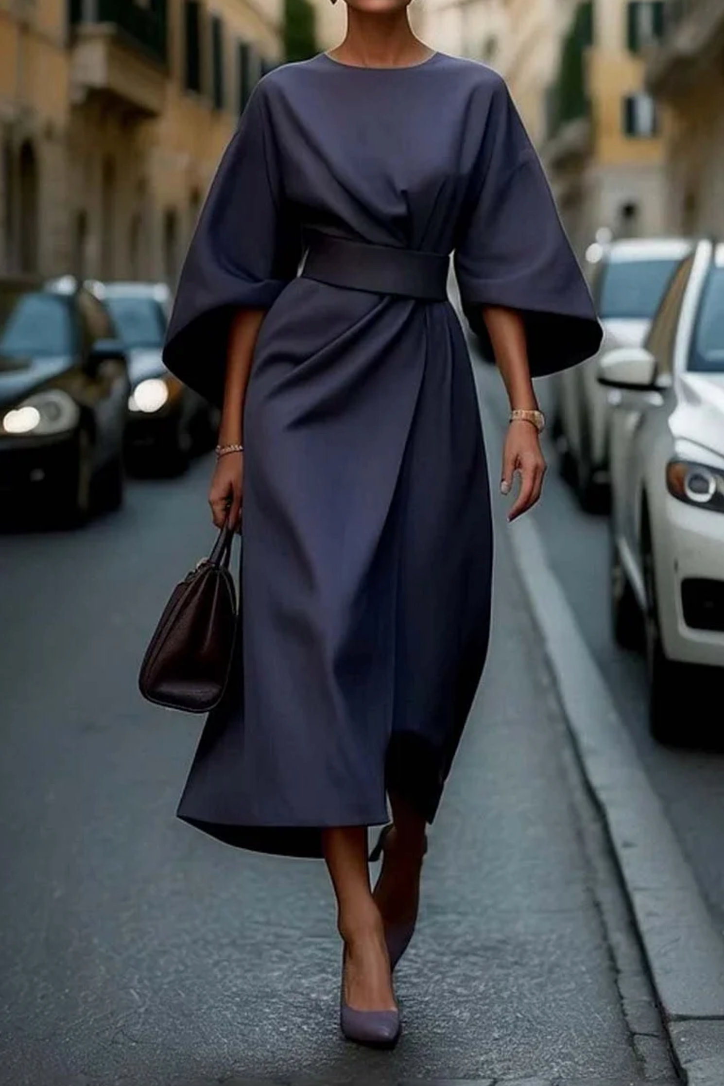 Women's Lantern Sleeve Belted Elegant Flowing Midi Dress™ – Zeitlose Eleganz mit schmeichelnder Silhouette