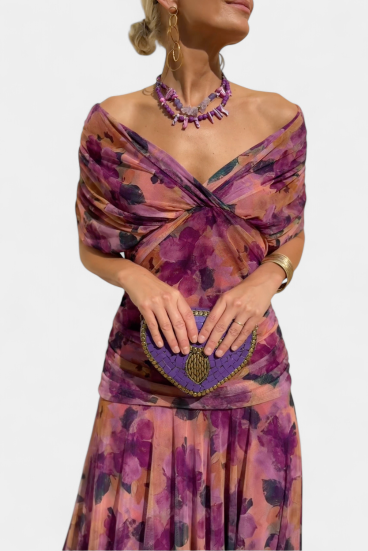 Women's Off Shoulder Midi Dress with Fitted Waist and Flowing Skirt™ – Elegante Feminine Ausstrahlung