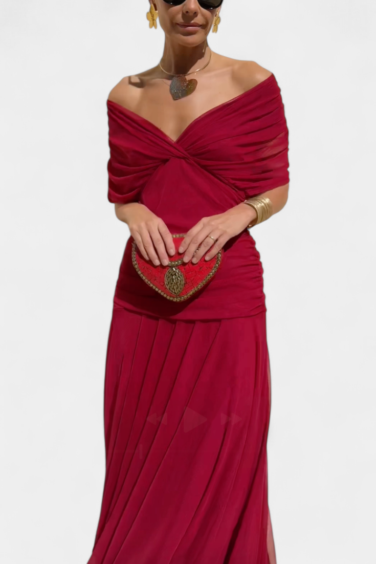 Women's Off Shoulder Midi Dress with Fitted Waist and Flowing Skirt™ – Elegante Feminine Ausstrahlung