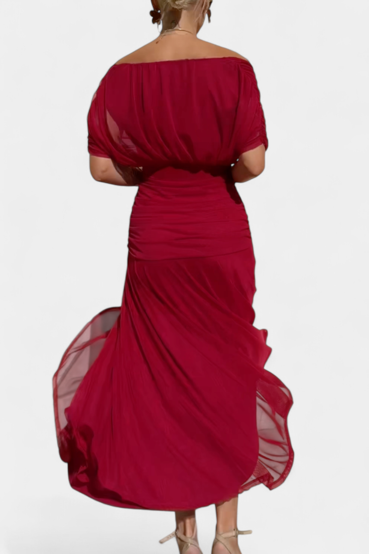 Women's Off Shoulder Midi Dress with Fitted Waist and Flowing Skirt™ – Elegante Feminine Ausstrahlung