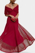 Women's Off Shoulder Midi Dress with Fitted Waist and Flowing Skirt™ – Elegante Feminine Ausstrahlung