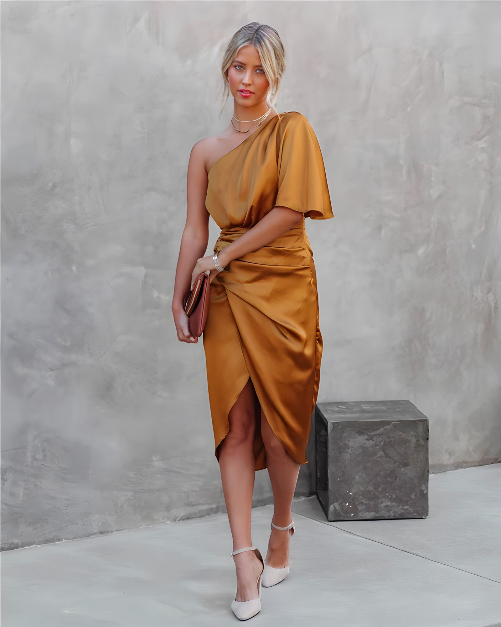 Women's One Shoulder Satin Wrap Elegant Midi Party Dress™ – Zeitlose Eleganz für besondere Anlässe