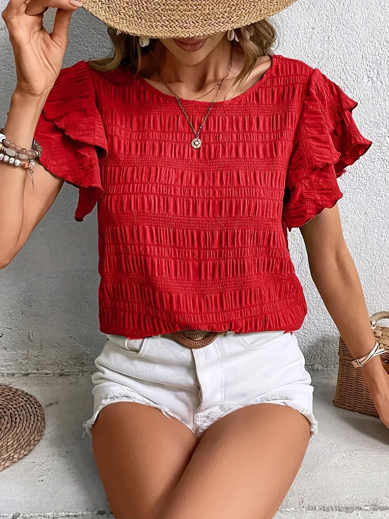 Women's Ruffle Sleeve Pleated Blouse Slim Fit Lightweight Summer Casual Top™ – Feminine Eleganz für Jeden Tag