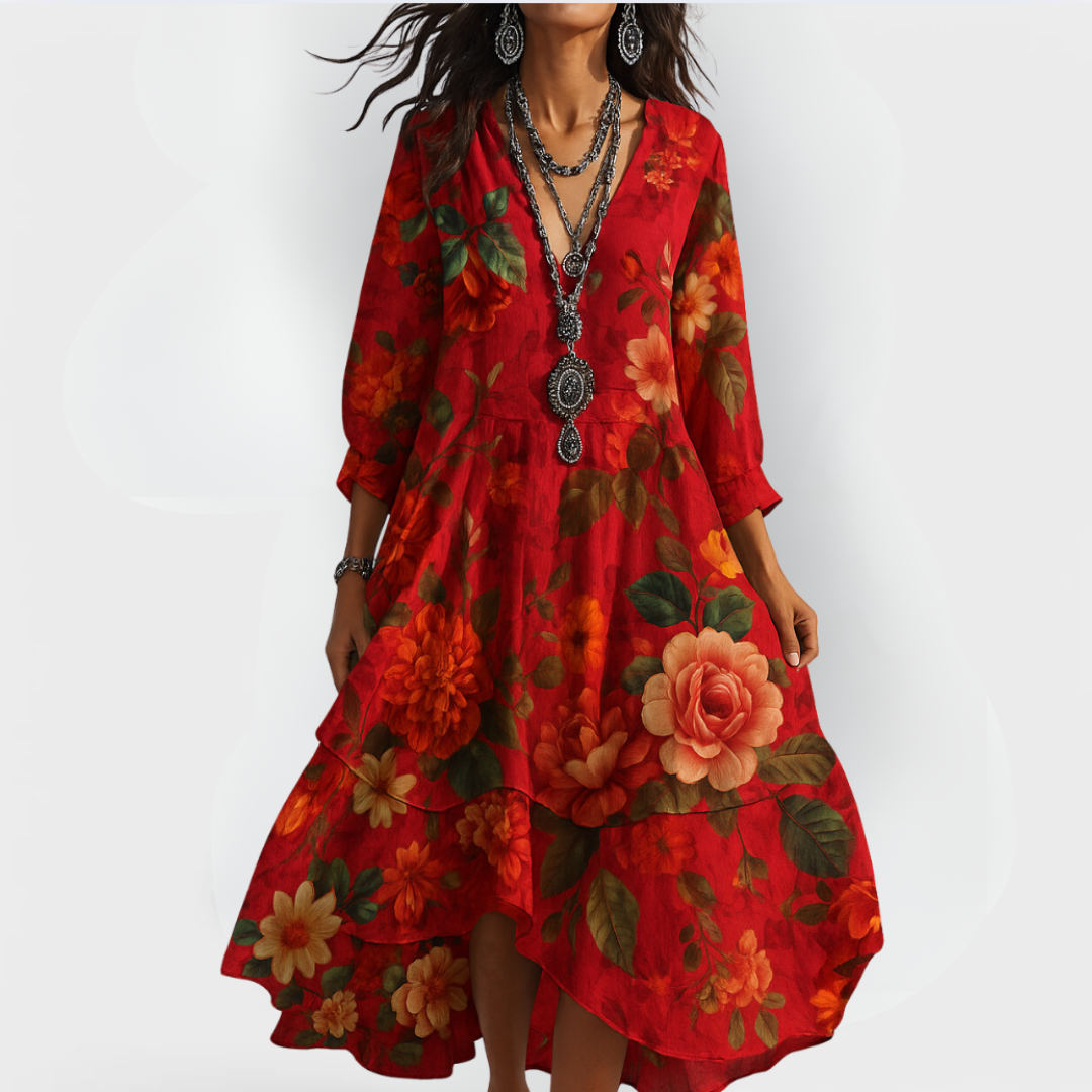 Women's Vintage Boho Floral V Neck Relaxed Fit Midi Dress™ – Zeitlose Eleganz für entspannte Alltagsmomente