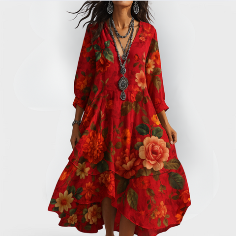 Women's Vintage Boho Floral V Neck Relaxed Fit Midi Dress™ – Zeitlose Eleganz für entspannte Alltagsmomente