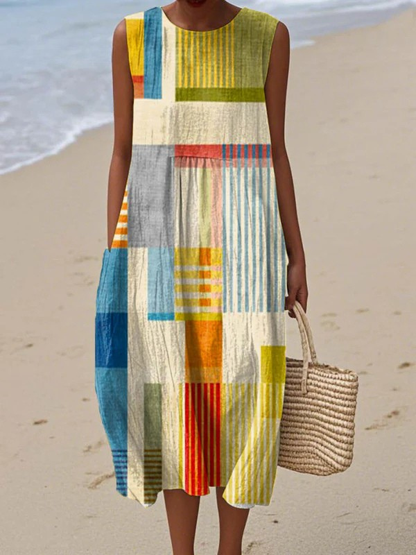 Women's Geometric Print Sleeveless Relaxed Fit Midi Dress™ – Eleganter Komfort für moderne Alltagsoutfits