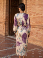 Women's Satin Midi Dress with Wrap V-Neck and Watercolor Print™ – Kunstvolle Eleganz für besondere Momente