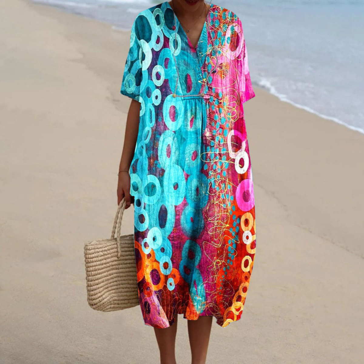 Women's Printed V-Neck Midi Dress for Vacation™ – Entspannter Komfort für sonnige Tage
