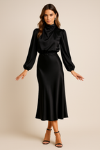 Women's High Neck Elegant Long Sleeve Flowing Midi Dress™ – Zeitlose Eleganz für jeden Anlass