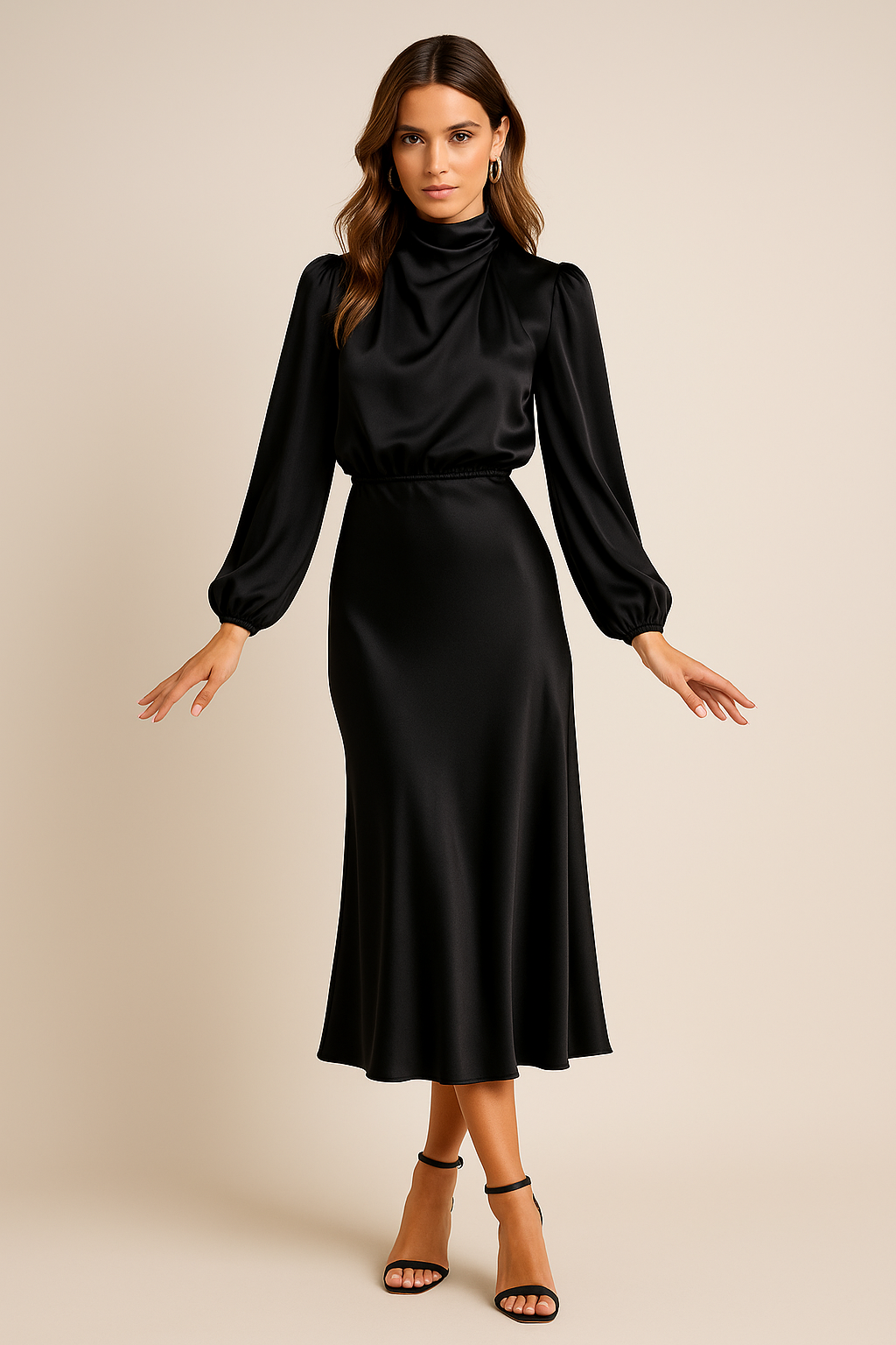 Women's High Neck Elegant Long Sleeve Flowing Midi Dress™ – Zeitlose Eleganz für jeden Anlass