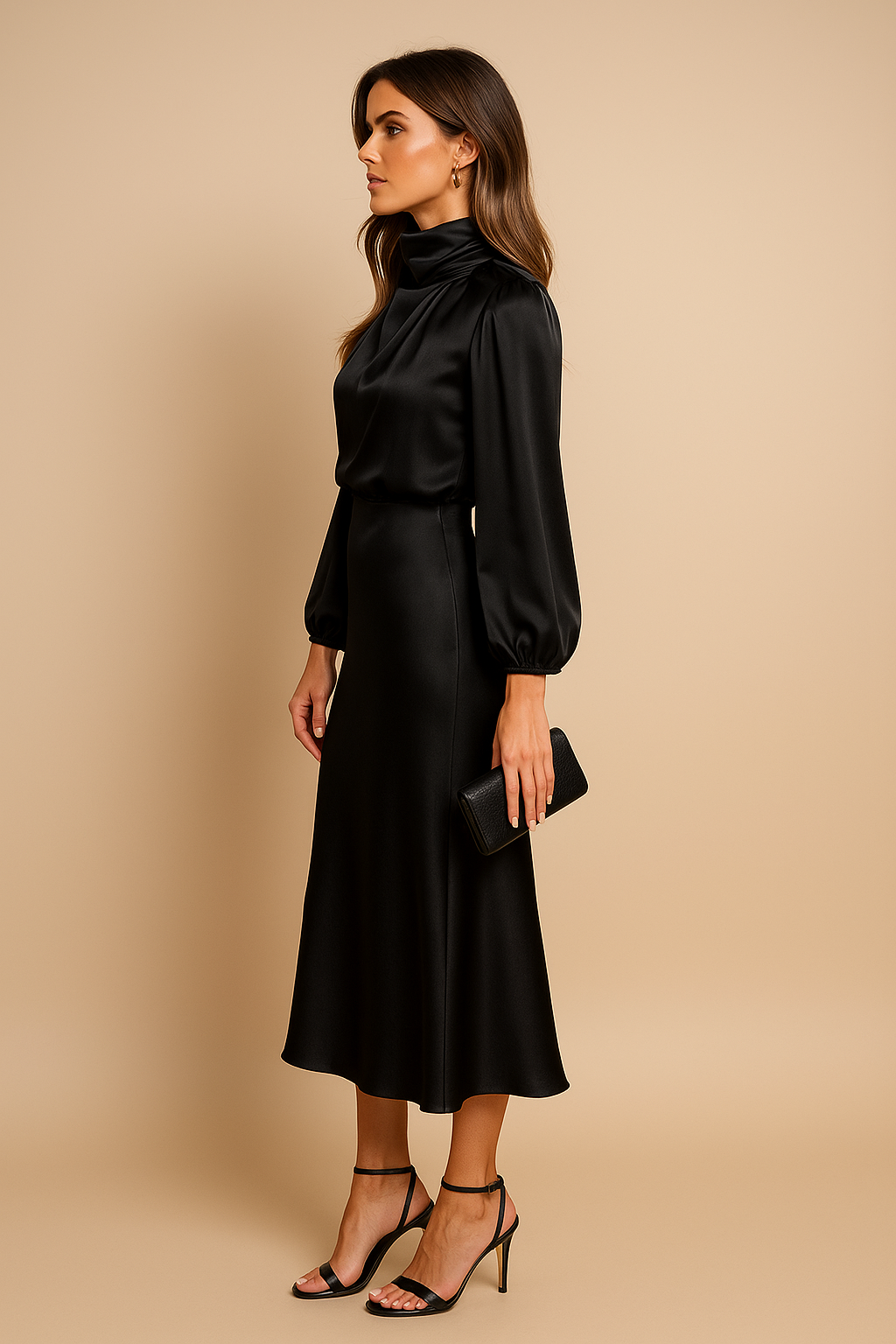 Women's High Neck Elegant Long Sleeve Flowing Midi Dress™ – Zeitlose Eleganz für jeden Anlass