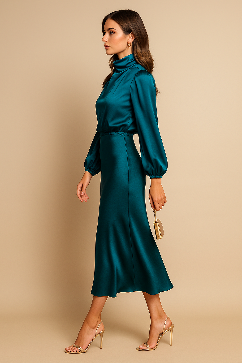 Women's High Neck Elegant Long Sleeve Flowing Midi Dress™ – Zeitlose Eleganz für jeden Anlass