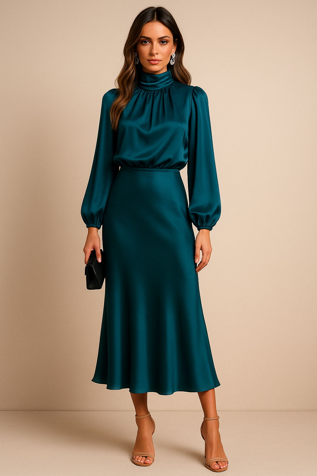 Women's High Neck Elegant Long Sleeve Flowing Midi Dress™ – Zeitlose Eleganz für jeden Anlass