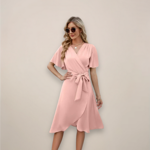 Women's Wrap V Neck Front Tie Relaxed Fit Summer Midi Dress™ – Mühelose Eleganz für warme Tage