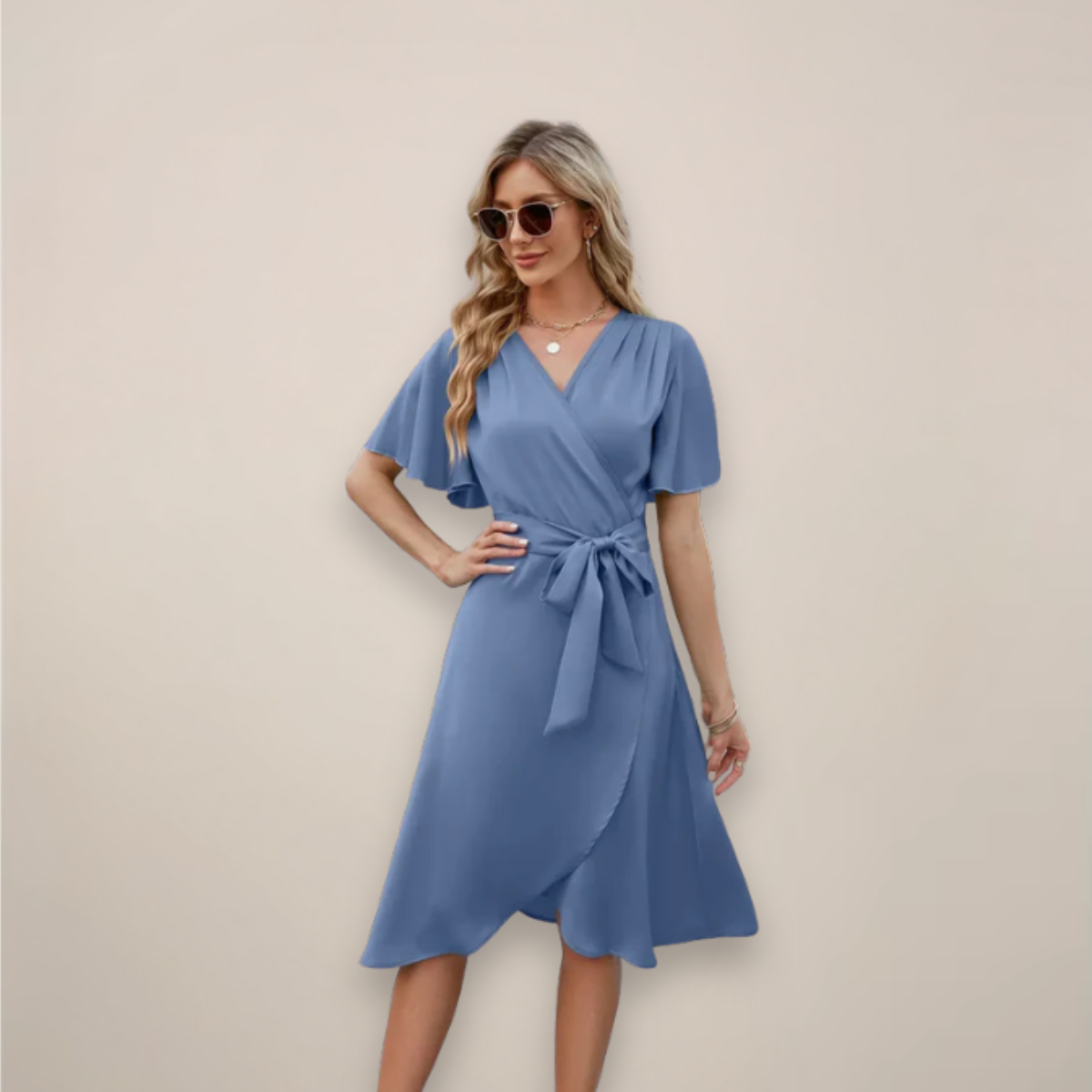 Women's Wrap V Neck Front Tie Relaxed Fit Summer Midi Dress™ – Mühelose Eleganz für warme Tage