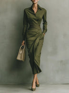 Women's Wrap Shirt Dress Collared Elegant Midi Dress™ – Elegante Taillierung für jede Gelegenheit