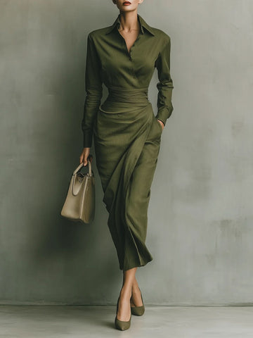 Women's Wrap Shirt Dress Collared Elegant Midi Dress™ – Elegante Taillierung für jede Gelegenheit