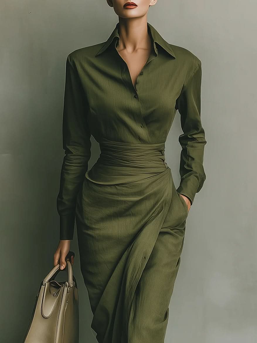 Women's Wrap Shirt Dress Collared Elegant Midi Dress™ – Elegante Taillierung für jede Gelegenheit
