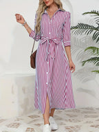 Women's Striped Belted Button Down Elegant Shirt Midi Dress™ – Zeitlose Eleganz für jeden Anlass