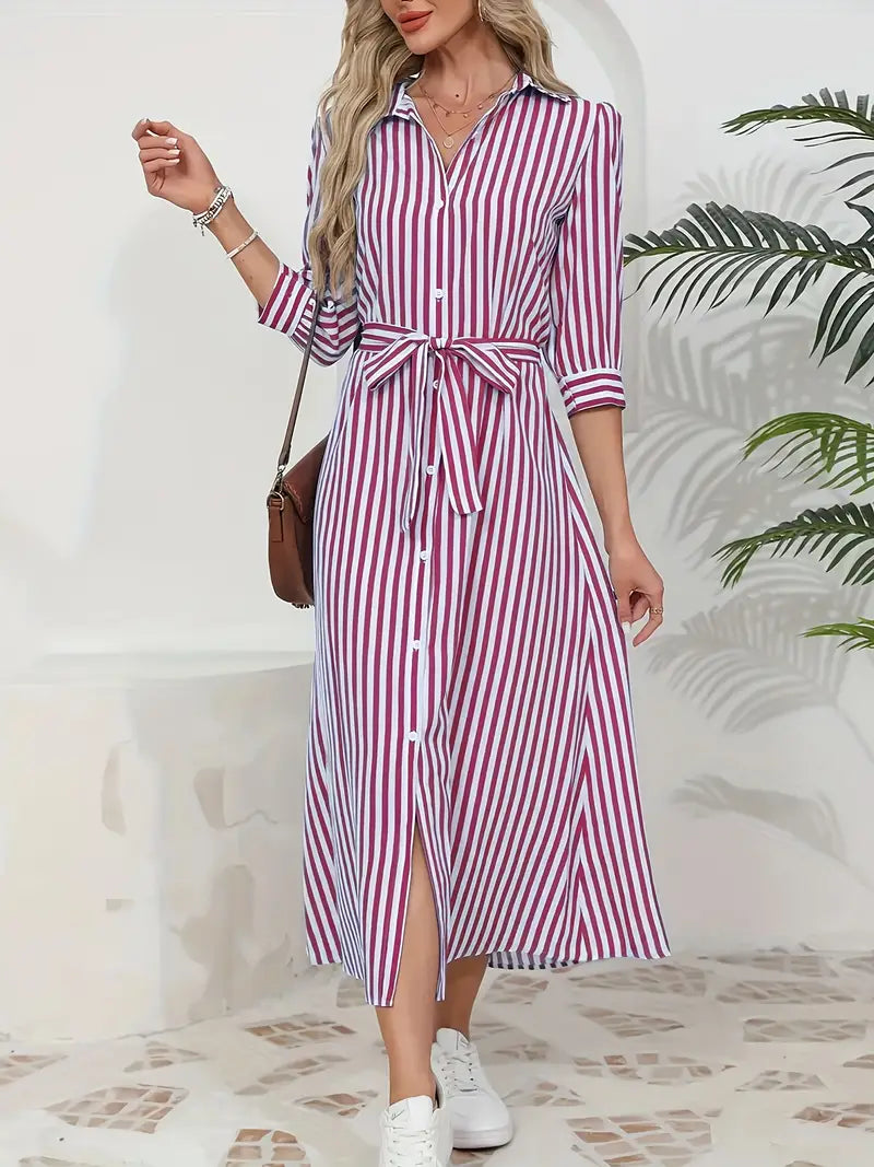 Women's Striped Belted Button Down Elegant Shirt Midi Dress™ – Zeitlose Eleganz für jeden Anlass