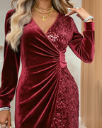 Women's Velvet Sequin Wrap Mini Dress with Long Sleeves and Draped Waist™ – Elegante Glam-Ausstrahlung für besondere Anlässe