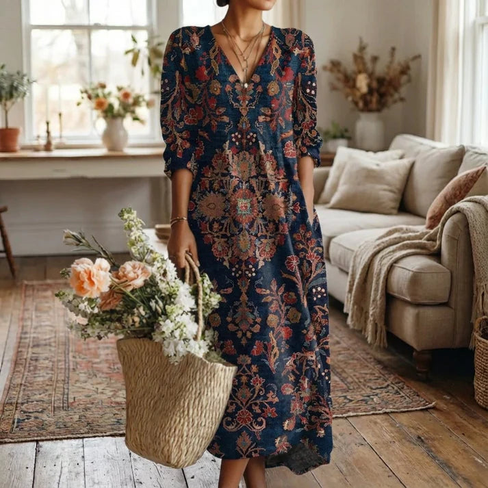 Boho Maxikleid mit V Ausschnitt und langen Ärmeln für Damen