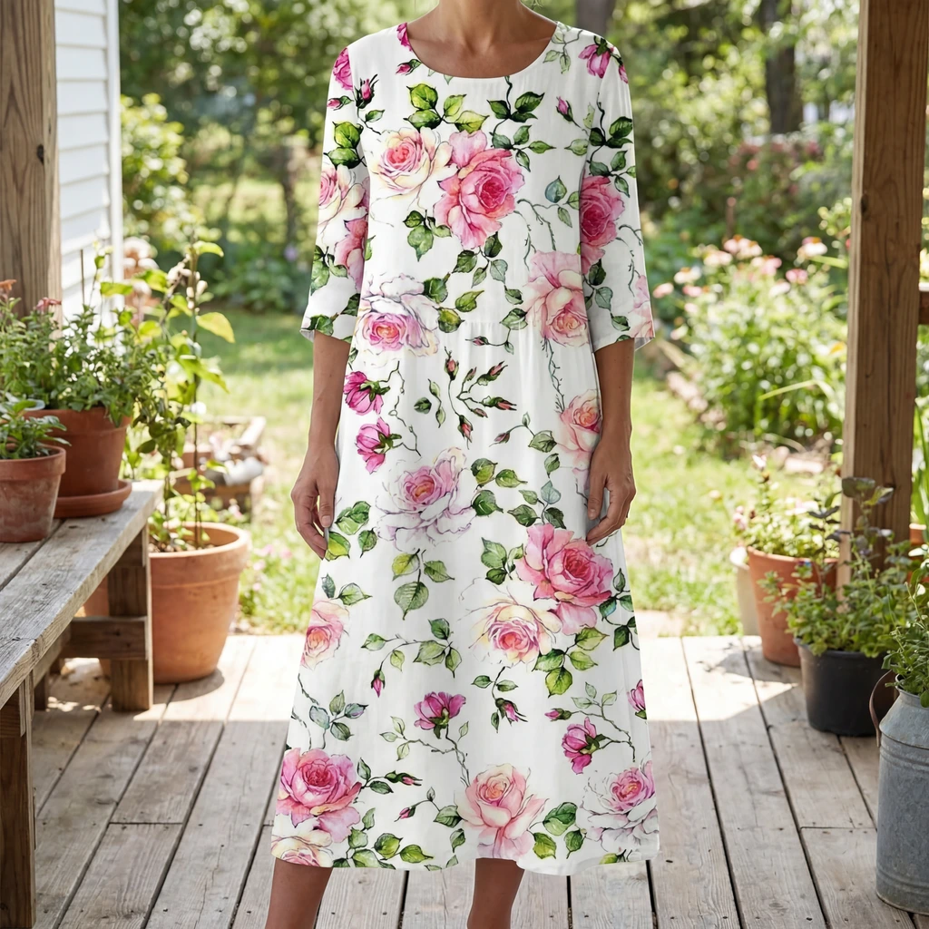 Women's Floral Midi Dress with 3/4 Sleeves™ – Zeitlose Eleganz für entspannte Alltagsmomente