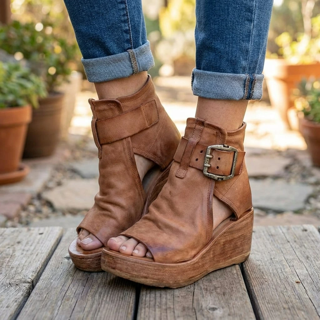 Women's Open Toe Wedge Ankle Boots with Buckle™ – Stilvolle Eleganz für warme Tage