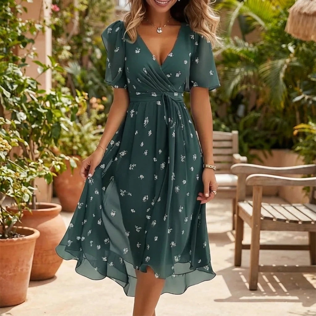 Women's Stylish Spring Wrap Midi Dress™ – Eleganter Frühlingslook mit femininer Wickeloptik