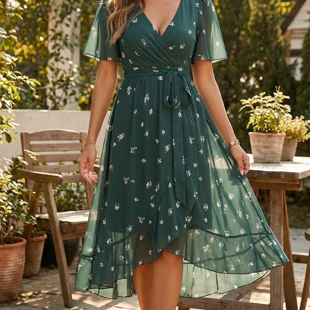 Women's Stylish Spring Wrap Midi Dress™ – Eleganter Frühlingslook mit femininer Wickeloptik