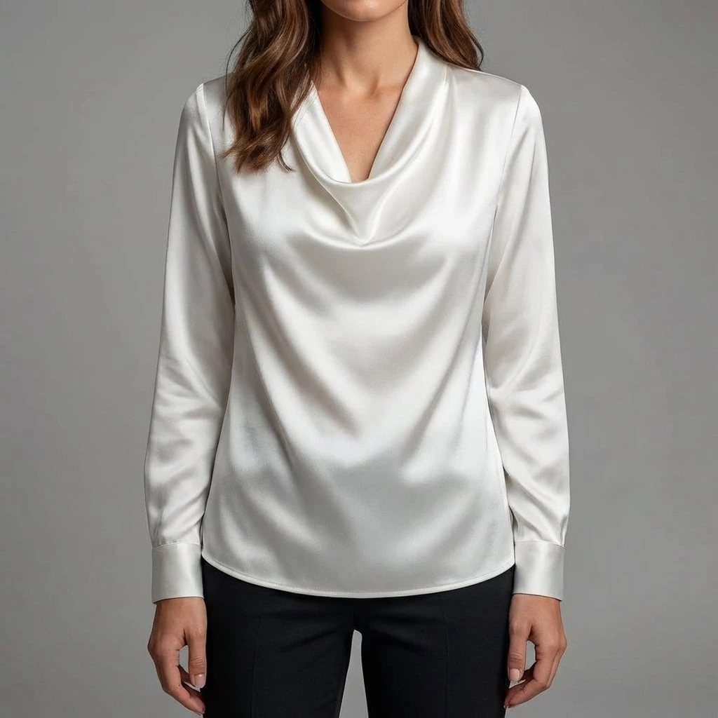 Women's Draped Neck Long Sleeve Blouse with Satin-Like Finish™ – Elegante Drapierung für zeitlosen Business-Chic