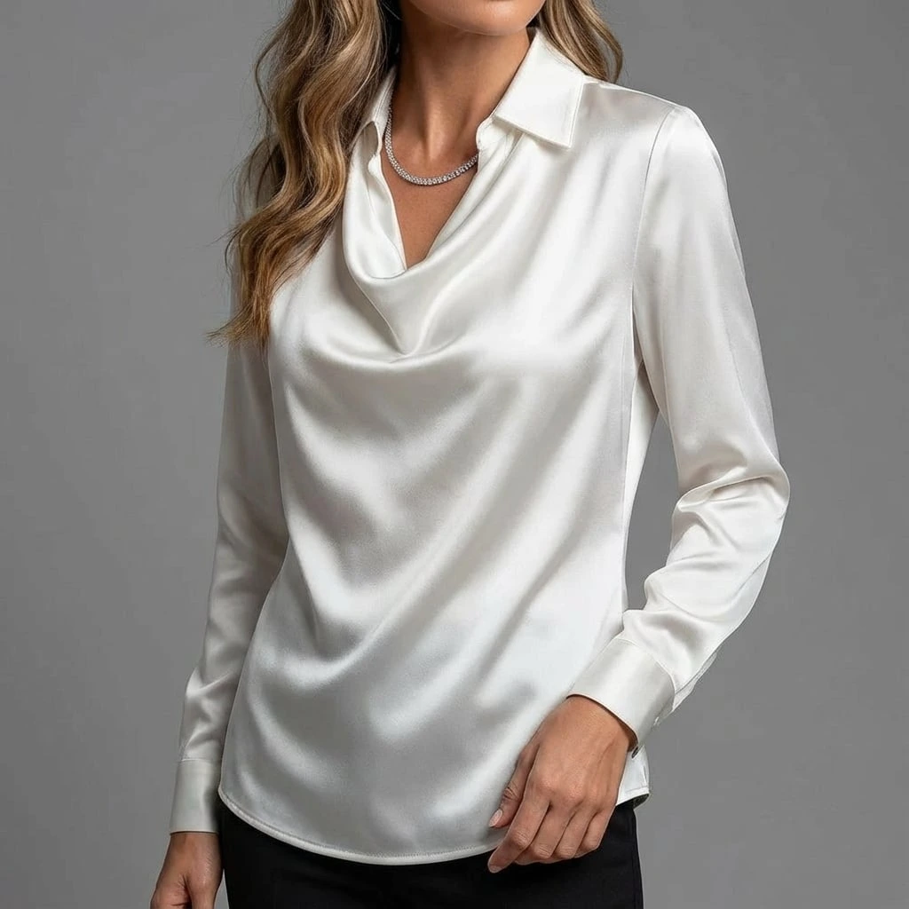 Women's Draped Neck Long Sleeve Blouse with Satin-Like Finish™ – Elegante Drapierung für zeitlosen Business-Chic