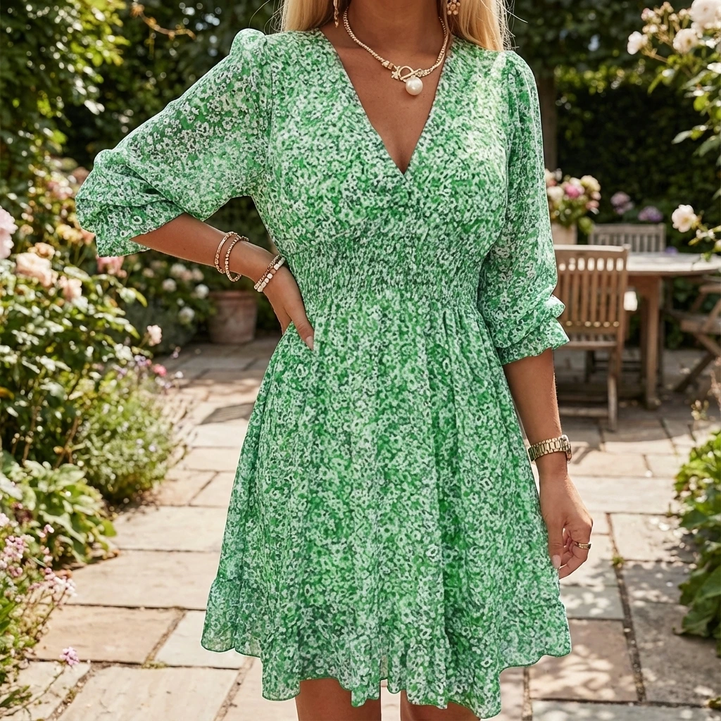 Women's Spring Smocked V-Neck Midi Dress™ – Zeitlose Eleganz für den Frühling