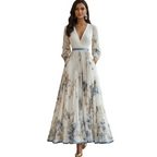 Women's Floral Pleated Maxi Dress with V-Neck and Long Sleeves™ – Zeitlose Eleganz für jeden Anlass