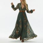 Besticktes Boho Maxikleid mit Langen Ärmeln und Bindegürtel für Damen™ – Kunstvolle Eleganz trifft entspannten Komfort