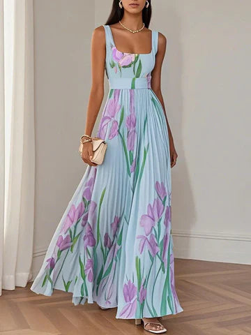 Women's Floral Maxi Dress with Square Neck and Pleated Skirt™ – Zeitlose Eleganz für besondere Momente