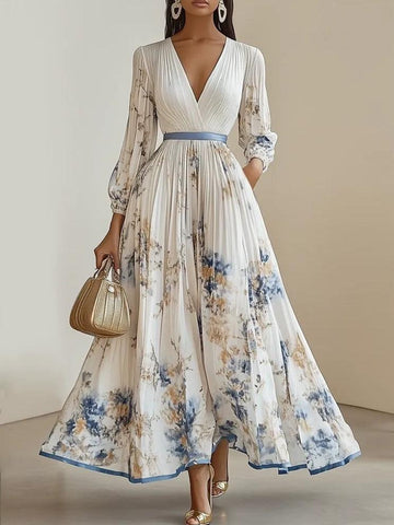 Women's Floral Pleated Maxi Dress with V-Neck and Long Sleeves™ – Zeitlose Eleganz für jeden Anlass