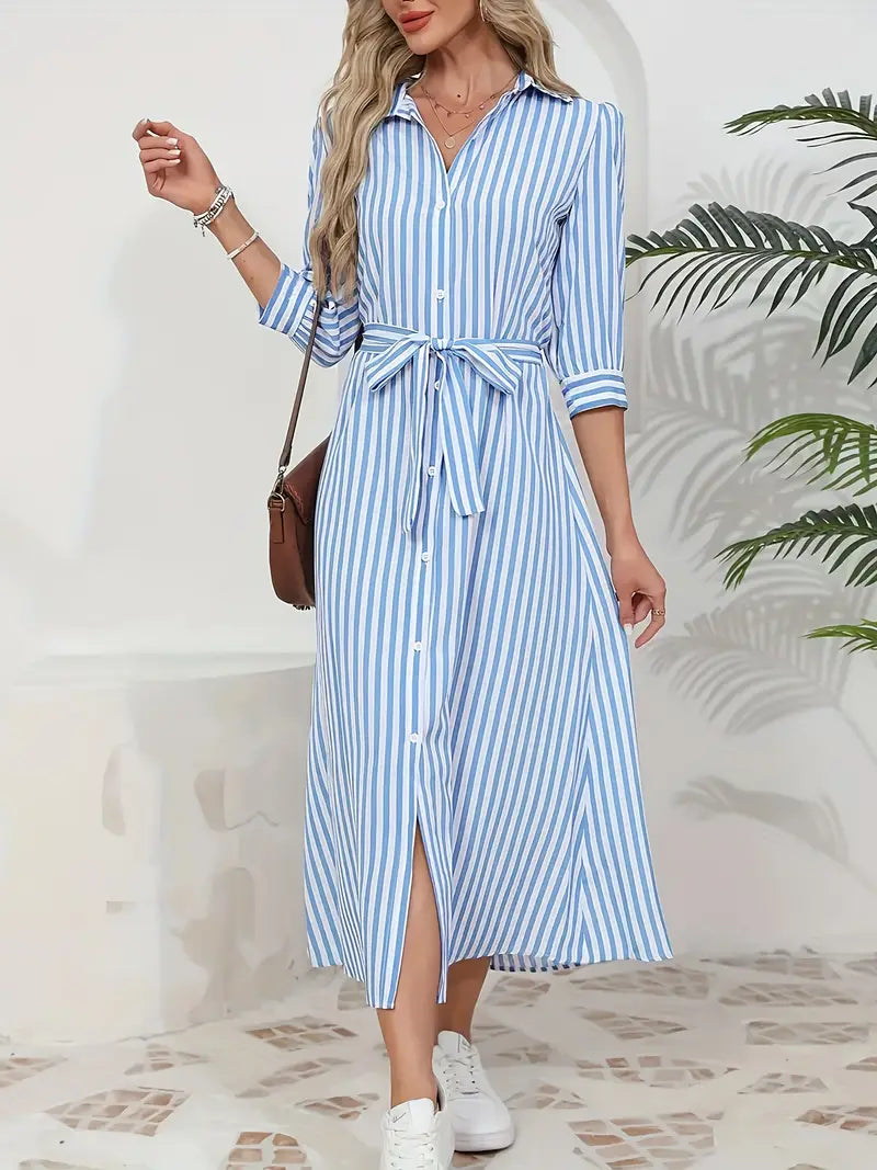 Women's Striped Belted Button Down Elegant Shirt Midi Dress™ – Zeitlose Eleganz für jeden Anlass