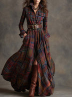 Women's Plaid Maxi Dress with Button Front and Belted Waist™ – Zeitlose Eleganz für jeden Anlass