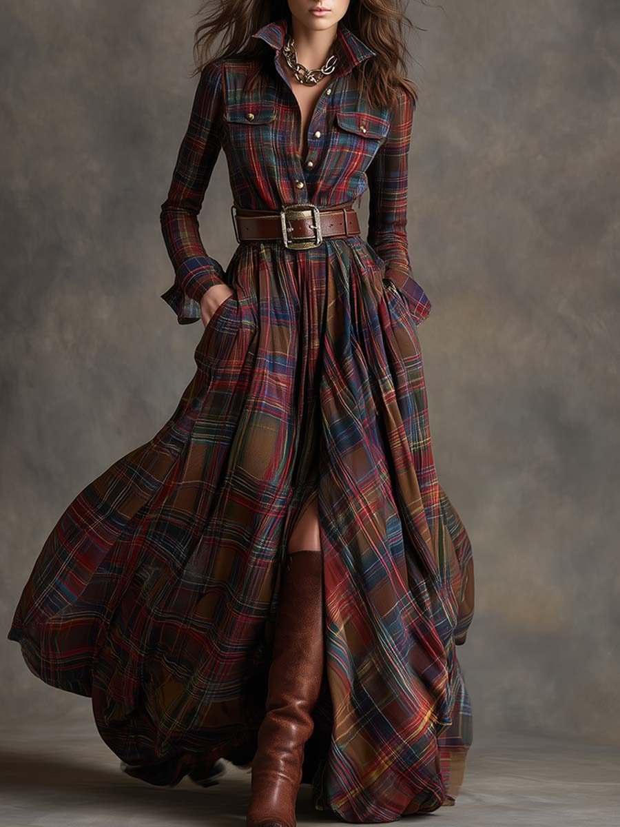 Women's Plaid Maxi Dress with Button Front and Belted Waist™ – Zeitlose Eleganz für jeden Anlass