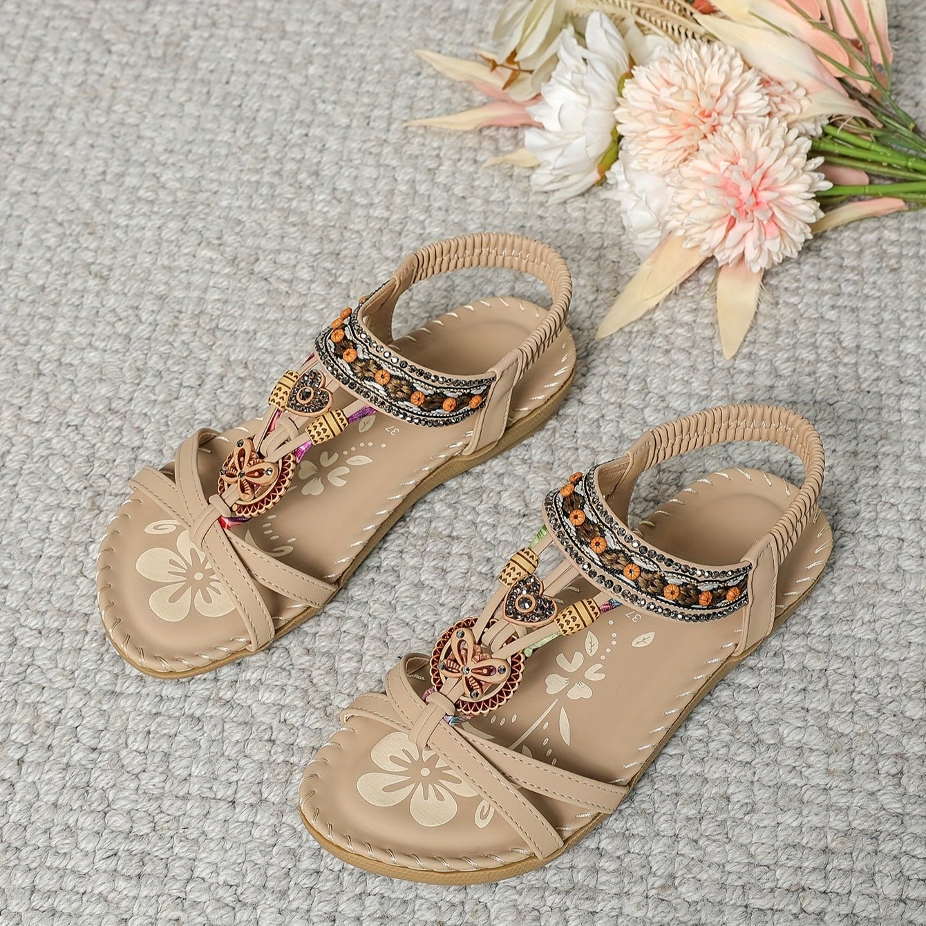 Women's Boho Beaded Flat Sandals with Slip-On Design and Cushioned Sole™ – Mühelose Eleganz für jeden Sommertag