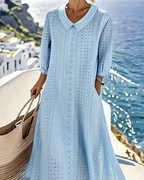 Women's Button Front Eyelet Midi Dress with 3/4 Sleeves™ – Zeitlose Eleganz für jeden Anlass