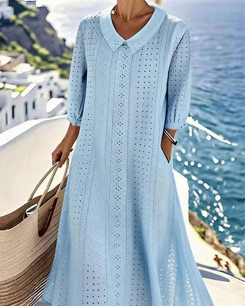 Women's Button Front Eyelet Midi Dress with 3/4 Sleeves™ – Zeitlose Eleganz für jeden Anlass