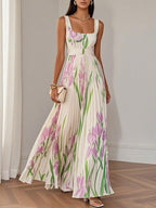 Women's Floral Maxi Dress with Square Neck and Pleated Skirt™ – Zeitlose Eleganz für besondere Momente